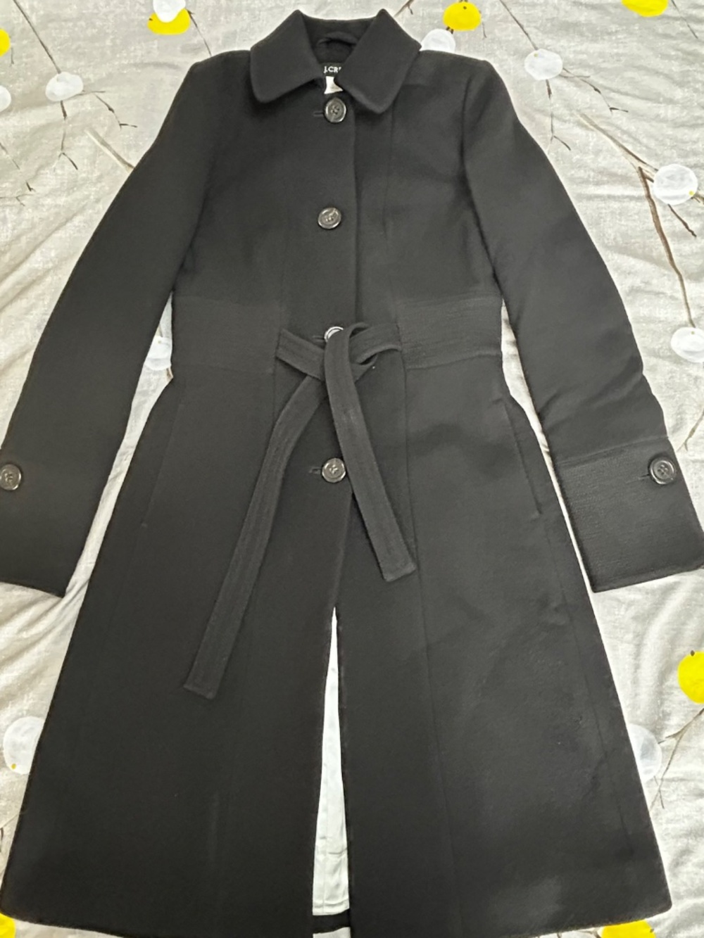 J.Crew Black Double Cloth Wool Belted Trench Coat Size 0